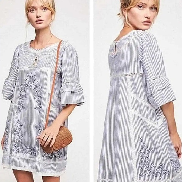 Free People Dresses & Skirts - Free People Sunny Day Embroidered Crochet Striped Floral Shift Mini Dress